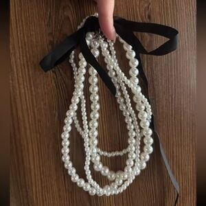 Vintage Classic White Pearl Multi Strand Black Ribbon Necklace
